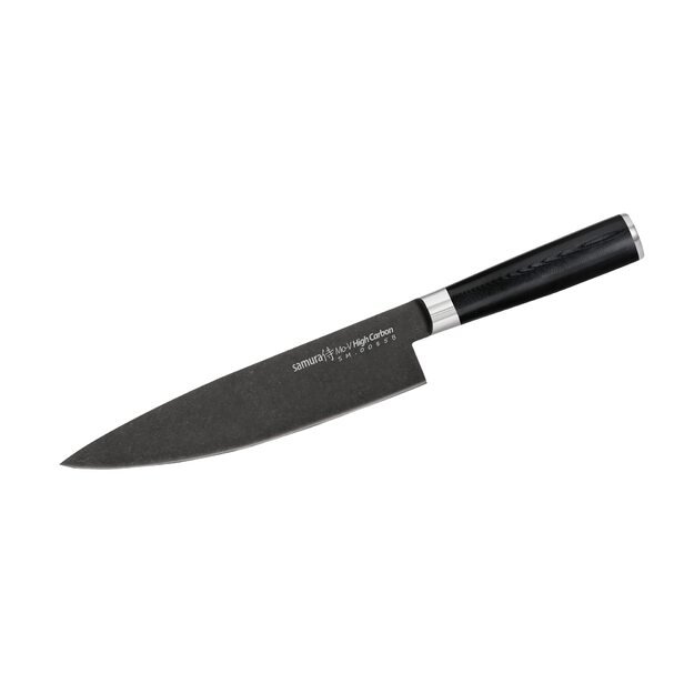 Samura MO-V Stonewash Profi Chefmesser ultra-scharf, gro&szlig;, aus japanisch AUS 8 Edelstahl, 20 cm Klinge, mit G10 Handgriff aus Carbon, Allzweckmesser, Gem&uuml;semesser 
