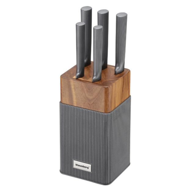 Peilių rinkinys 6 dalių su akacijos medienos stovu grafito spalvos Klausberg KB-7982