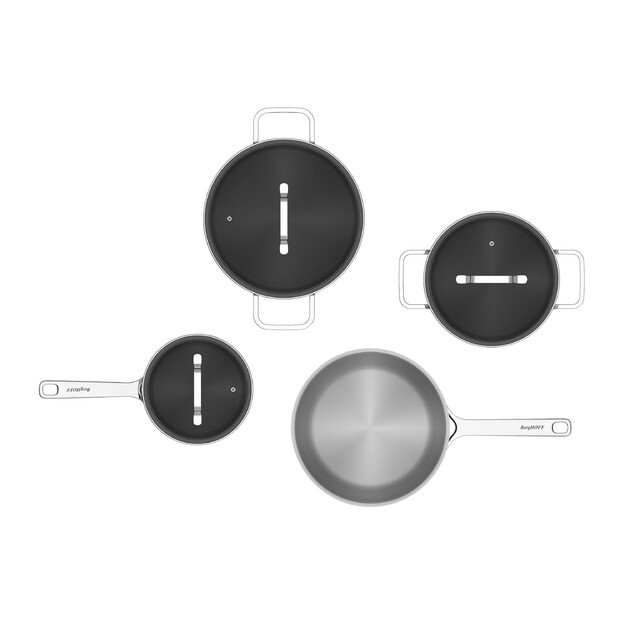 BergHOFF 6 dalių puodų rinkinys - Helix serija su dangčiais, tro&scaron;kintuvais ir keptuve, tinkamas indukcijai ir orkaitei 