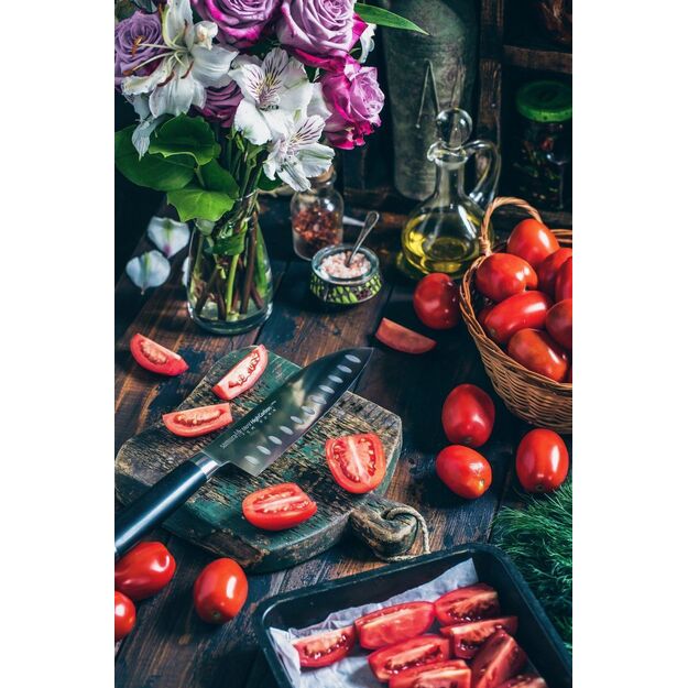 Samura MO-V 7  Santoku Knife - Hollow Ground Japanese Steel Kitchen Utility Knife for Precision Cutting and Culinary Excellence 