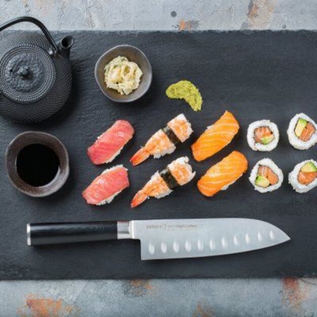 Samura MO-V 7  Santoku Knife - Hollow Ground Japanese Steel Kitchen Utility Knife for Precision Cutting and Culinary Excellence 