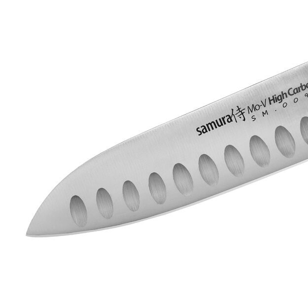 SAMURA MO-V Santokumesser, 138 mm, Hochleistungs-japanischer Edelstahl, rasiermesserscharfe Kante, ergonomischer Griff 