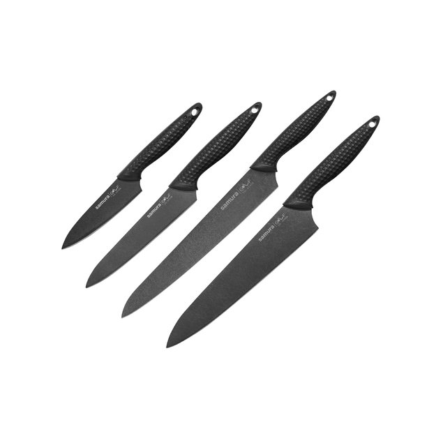 Samura GOLF Stonewash 4 virtuvės peilių rinkinys: skutimo peilis, universalus peilis, pjaustymo peilis, &scaron;efo peilis 