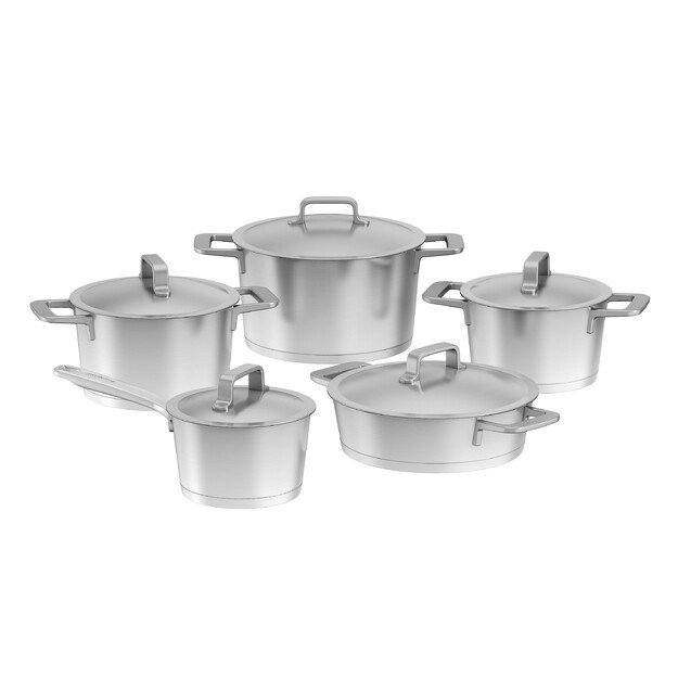 BergHOFF 10 dalių puodų rinkinys - perdirbto nerūdijančio plieno indai su dangčiais visų tipų viryklėms, tinka indukcijai 