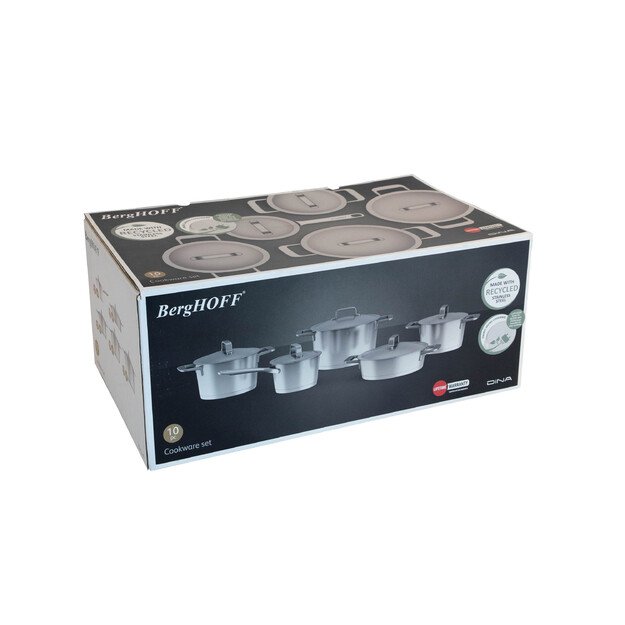BergHOFF 10 dalių puodų rinkinys - perdirbto nerūdijančio plieno indai su dangčiais visų tipų viryklėms, tinka indukcijai 