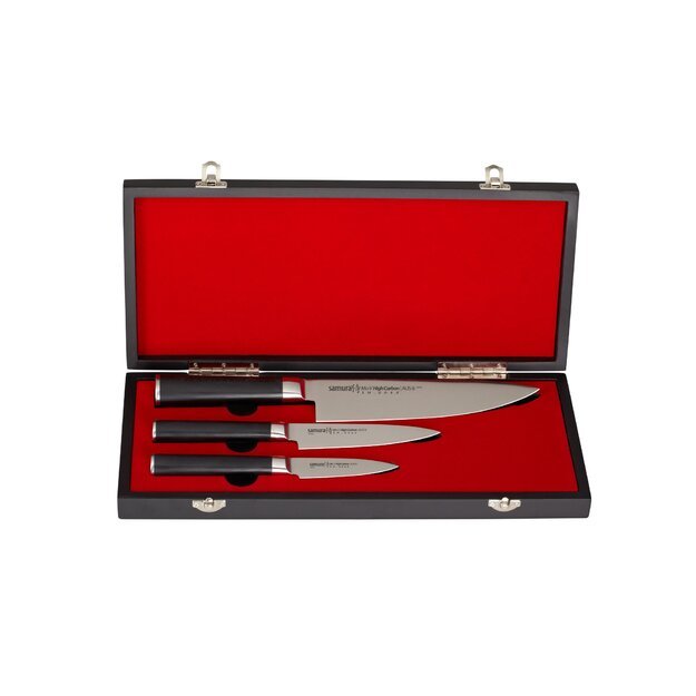 Samura MO-V Messer Geschenk Set in Holz Geschenkbox ultra-scharf, aus japanisch AUS 8 Edelstahl, 18 cm Klinge, mit G10 Handgriff aus Carbon 