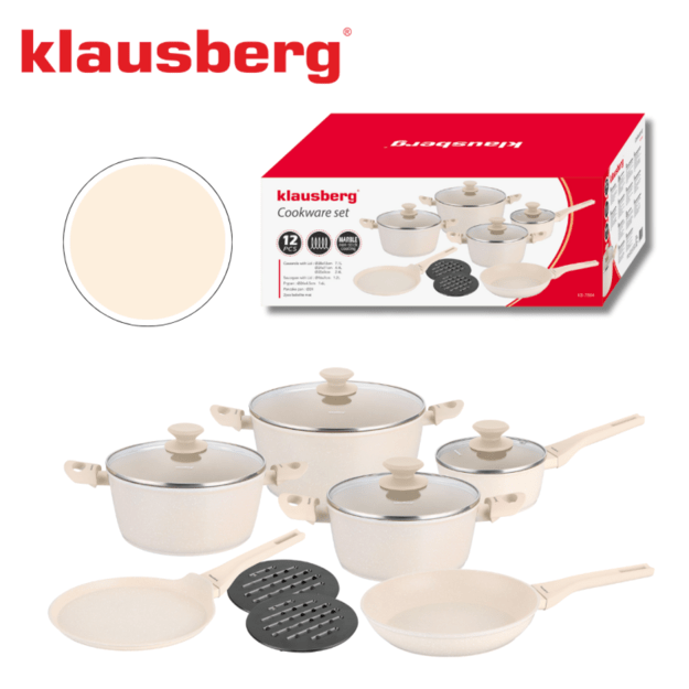 Klausberg 12 dalių puodų rinkinys su marmurine danga, kreminės spalvos, KB-7884 6