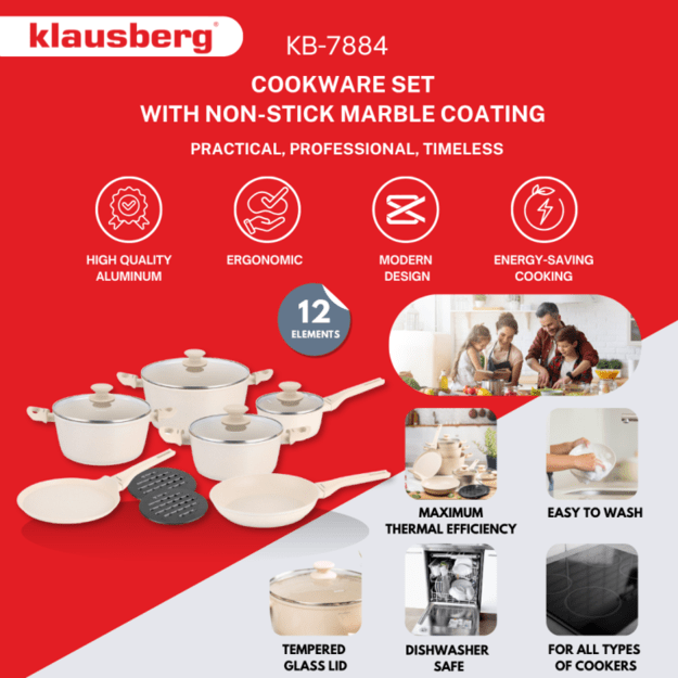 Klausberg 12 dalių puodų rinkinys su marmurine danga, kreminės spalvos, KB-7884 2