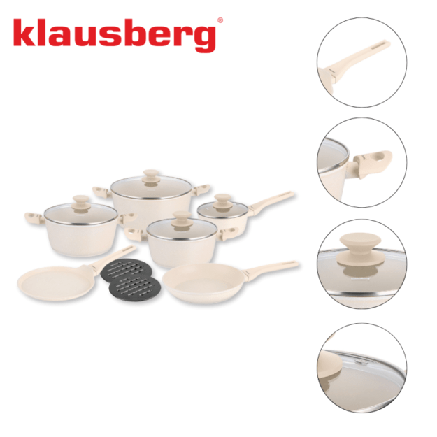 Klausberg 12 dalių puodų rinkinys su marmurine danga, kreminės spalvos, KB-7884 3