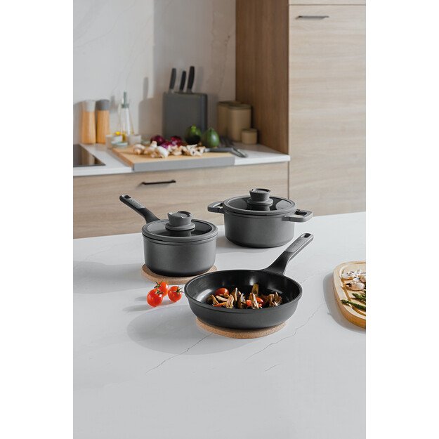 BergHOFF 5 dalių puodų rinkinys - Uqonic Downdraft serija su nepridegančia danga ir stikliniu dangčiu su sieteliu 