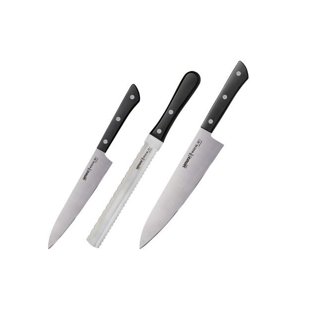 Samura HARAKIRI Premium 3-Piece Japanese Kitchen Knife Set with Black Handle - Utility Knife and Dual-Sided Saw Knife for Professional Culinary Precision 