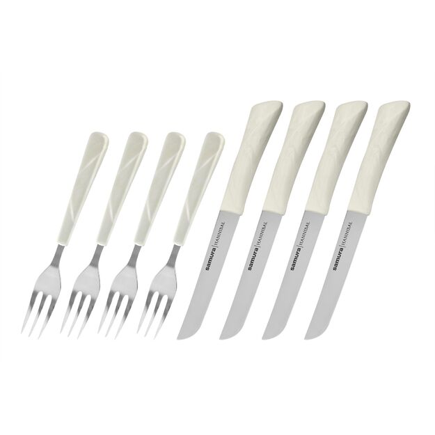 Samura HANNIBAL Premium Set of 4 Japanese Steel Steak Knives and 4 Matching Forks with Elegant White Handles for Culinary Excellence 