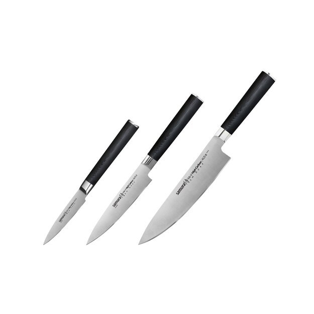 SAMURA MO-V Profi Messer Geschenk Set Ultra-scharf, aus japanisch AUS 8 Edelstahl, 18 cm Klinge, mit G10 Handgriff aus Carbon 