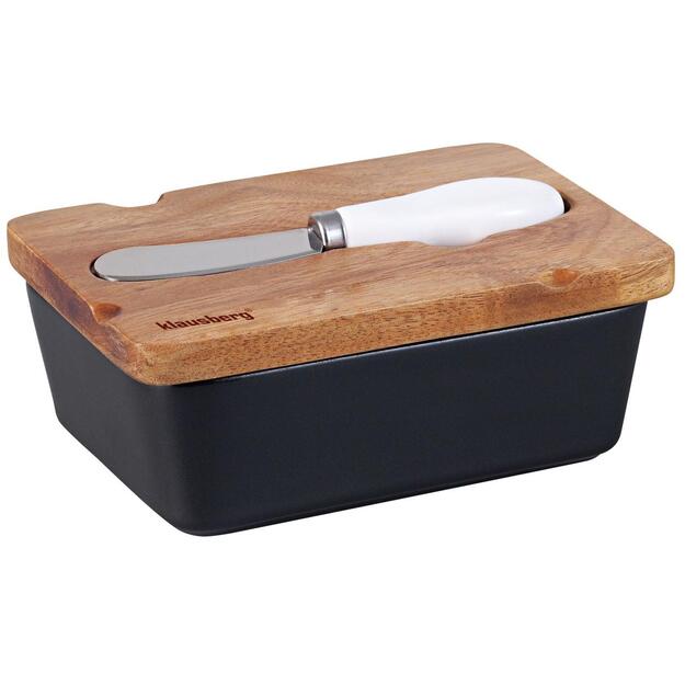 Klausberg sviestinė su mediniu dangteliu ir sviesto peiliu, juoda, KB-7784