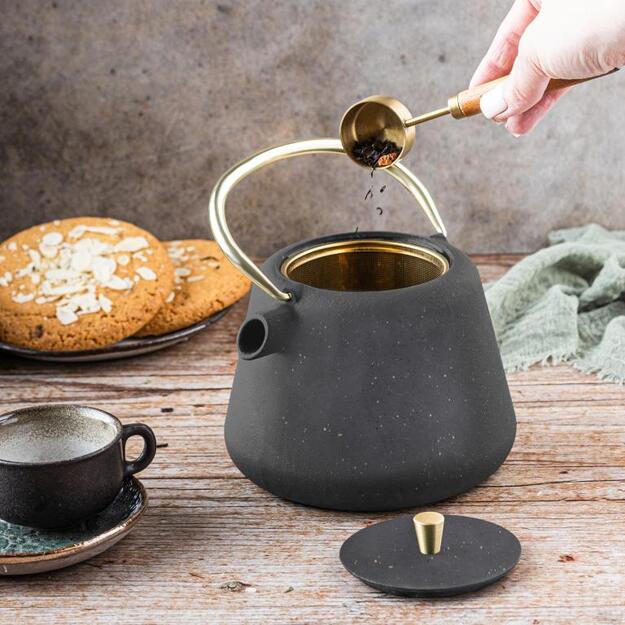 Ketaus arbatinukas KINGHoff KH-1932, 1L, su sieteliu, emaliu viduje, juodas su aukso akcentais 3