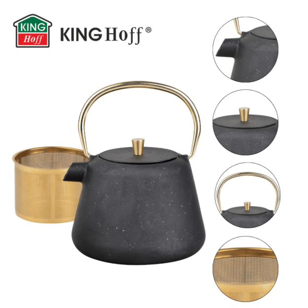Ketaus arbatinukas KINGHoff KH-1932, 1L, su sieteliu, emaliu viduje, juodas su aukso akcentais 6