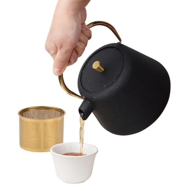 Ketaus arbatinukas KINGHoff KH-1932, 1L, su sieteliu, emaliu viduje, juodas su aukso akcentais 1