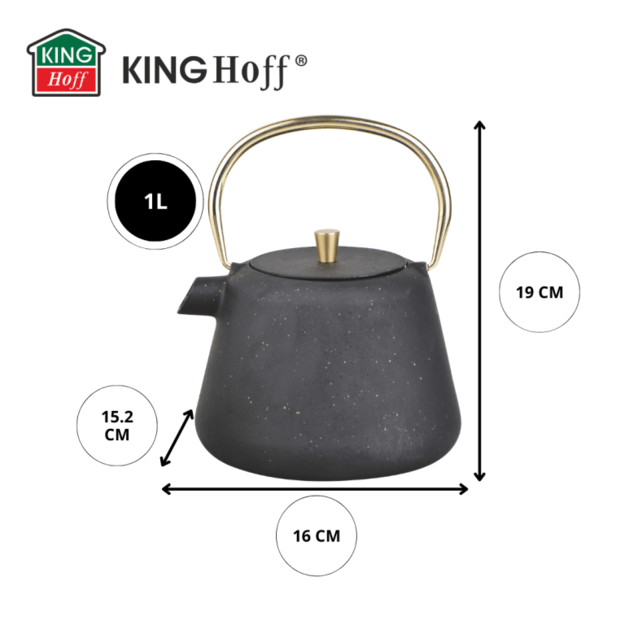 Ketaus arbatinukas KINGHoff KH-1932, 1L, su sieteliu, emaliu viduje, juodas su aukso akcentais 7