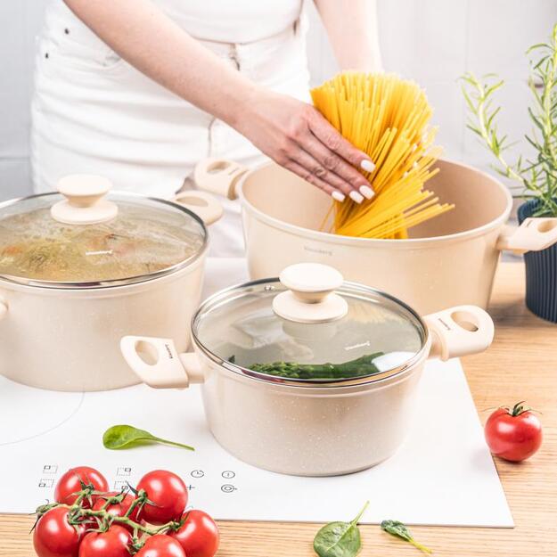 Klausberg KB-7961 6 dalių puodų rinkinys, marmurinė nelipni danga, smėlio spalvos 6