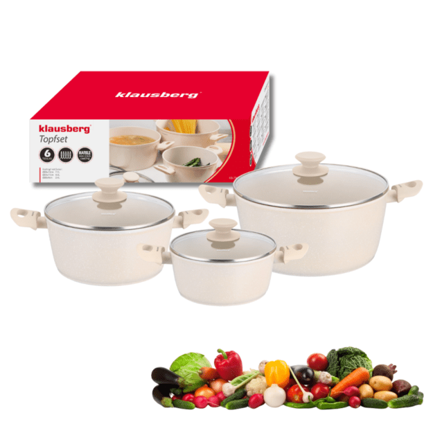 Klausberg KB-7961 6 dalių puodų rinkinys, marmurinė nelipni danga, smėlio spalvos 1