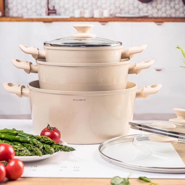 Klausberg KB-7961 6 dalių puodų rinkinys, marmurinė nelipni danga, smėlio spalvos 4