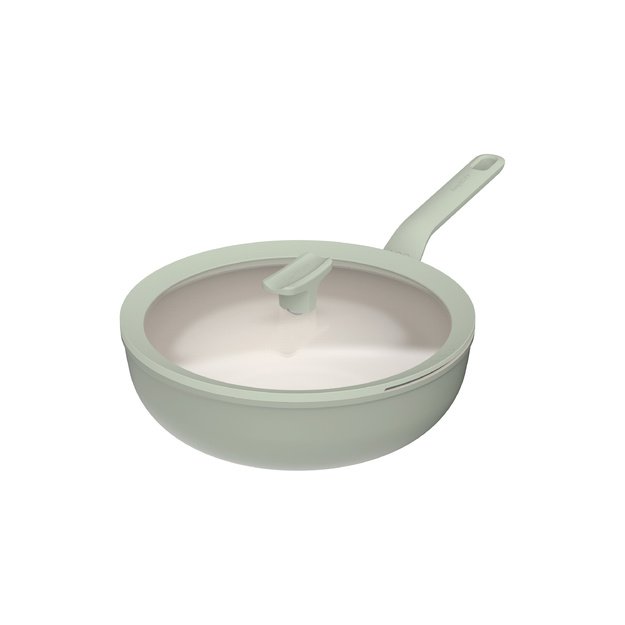 BergHOFF 28 cm wok keptuvė su dangčiu - Balance Sage su nepridegančia danga, dangtis su &scaron;auk&scaron;to laikikliu ir nupylimo anga 