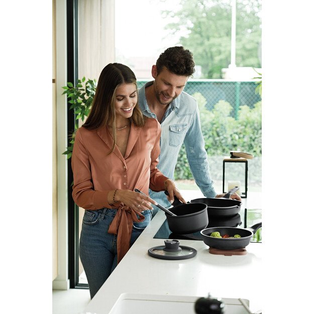 BergHOFF 18 cm puodelis - Stone+ serija su stikliniu dangčiu su sieteliu ir silikonine rankenos įvore 