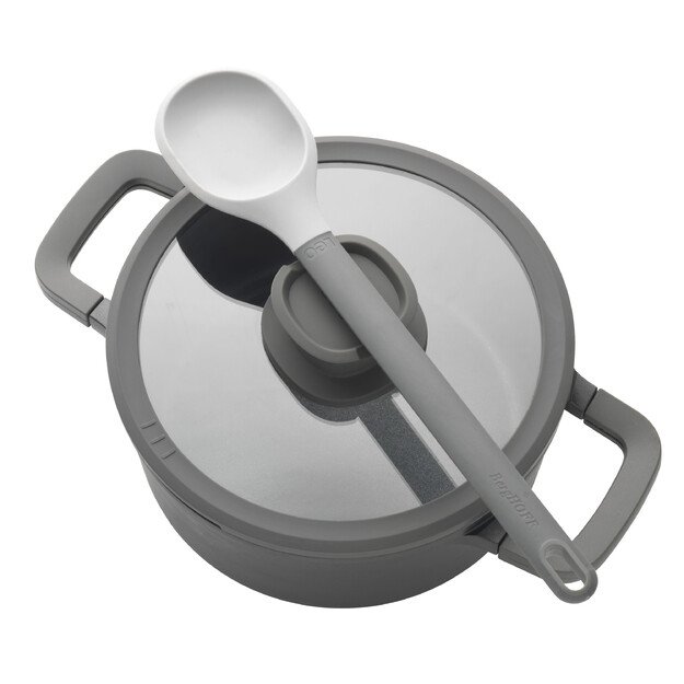 BergHOFF 18 cm puodelis - Stone+ serija su stikliniu dangčiu su sieteliu ir silikonine rankenos įvore 