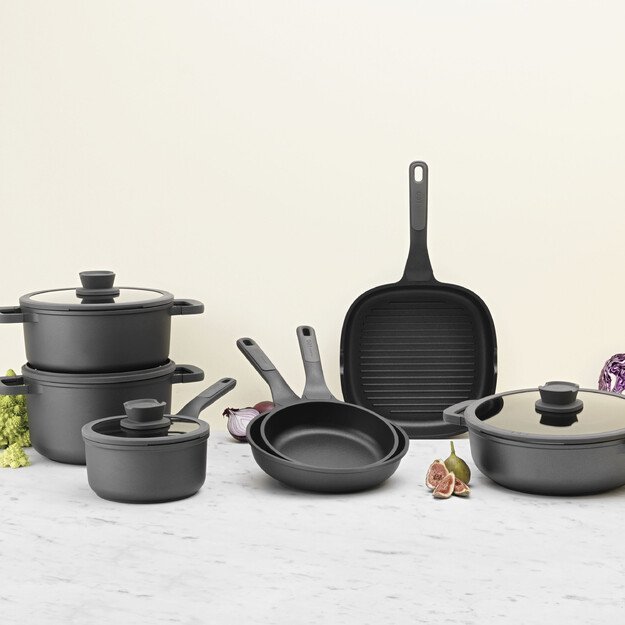 BergHOFF 18 cm puodelis - Stone+ serija su stikliniu dangčiu su sieteliu ir silikonine rankenos įvore 