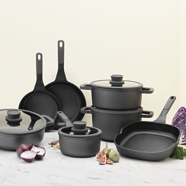 BergHOFF 18 cm puodelis - Stone+ serija su stikliniu dangčiu su sieteliu ir silikonine rankenos įvore 