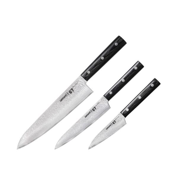 Samura 67 Damascus Steel Knife Set - 3-Piece Kitchen Knife Collection: Paring, Utility, and Chef s Knives for Precision Cutting and Culinary Excellence 