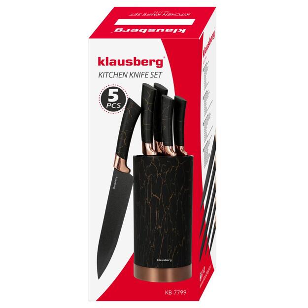 Klausberg virtuvinių peilių rinkinys su juodu stovu ir rudos spalvos dizainu, 5 vnt., KB-7799