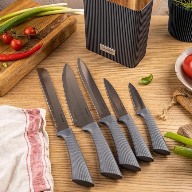 Peilių rinkinys 6 dalių su akacijos medienos stovu grafito spalvos Klausberg KB-7979 5
