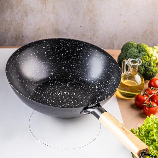WOK keptuvė 30 cm iš anglinio plieno su medine rankena KINGHoff KH-1983 6