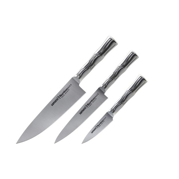 „SAMURA“ profesionalių peilių dovanų rinkinys – itin aštrūs, pagaminti iš japoniško AUS-8 nerūdijančiojo plieno, 18 cm geležtė, plieninė rankena, ergonomiški, atsparūs rūdims.