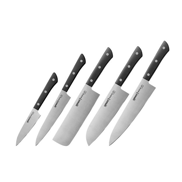 Samura HARAKIRI Professional 5-Piece Kitchen Knife Set with White Handles: Paring, Utility, Nakiri, Santoku, and C - Premium Japanese Steel Cutlery 