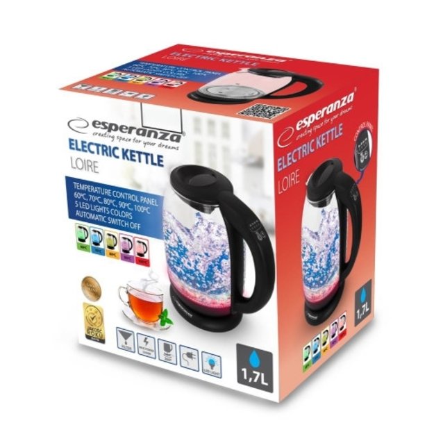 Elektrinis virdulys Esperanza Loire EKK027, 1.7L, su temperatūros reguliavimu, stiklinis, juodas 3