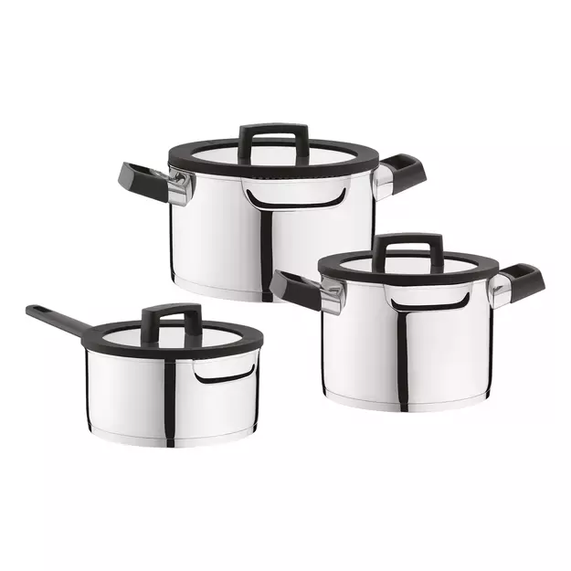 Berghoff „Uqonic Downdraft“ 6 dalių puodų rinkinys su garo kontrolės dangčiais Berghoff „Uqonic Downdraft“ 6 dalių puodų rinkinys su garo kontrolės dangčiais