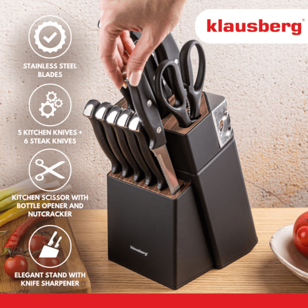 Peilių rinkinys 13 dalių su stovu ir galąstuvu Klausberg KB-7985 3