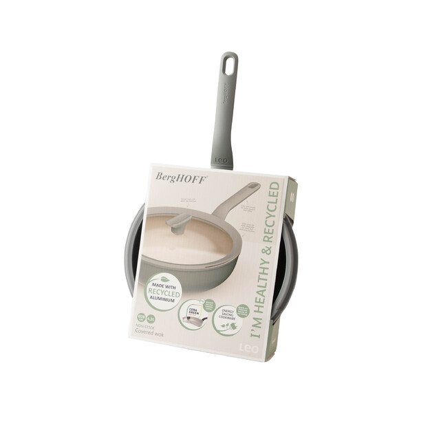 BergHOFF 28 cm wok keptuvė su dangčiu - Balance Moonmist maišymui keptuvė su stiklo dangčiu ir nupylimo funkcija 