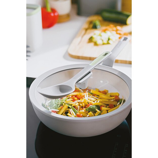 BergHOFF 28 cm wok keptuvė su dangčiu - Balance Moonmist maišymui keptuvė su stiklo dangčiu ir nupylimo funkcija 