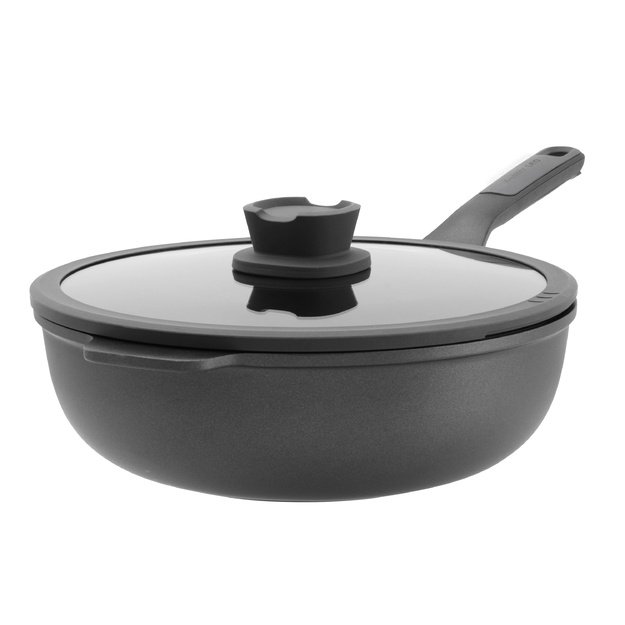BergHOFF 28 cm wok keptuvė su dangčiu - Stone+ serija su indukciniu pagrindu ir stikliniu dangčiu su sieteliu 