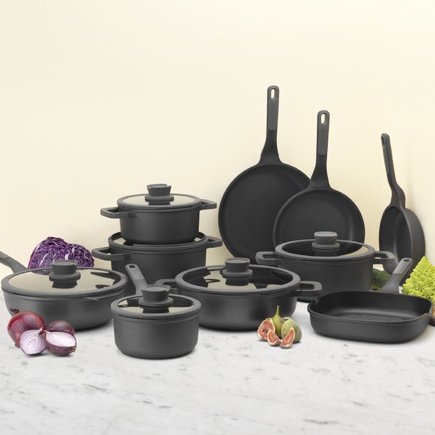 BergHOFF 28 cm wok keptuvė su dangčiu - Stone+ serija su indukciniu pagrindu ir stikliniu dangčiu su sieteliu 