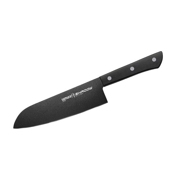 Samura SHADOW Santoku virtuvinis peilis 175 mm – juodas nelipnus paviršius, profesionalus, ilgaamžis pjovimas 