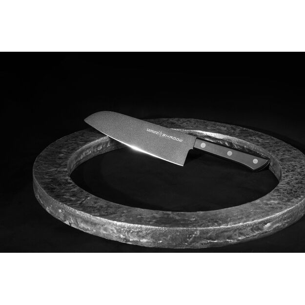 Samura SHADOW Santoku virtuvinis peilis 175 mm – juodas nelipnus paviršius, profesionalus, ilgaamžis pjovimas 