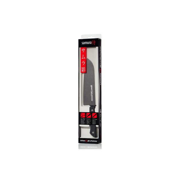 Samura SHADOW Santoku virtuvinis peilis 175 mm – juodas nelipnus paviršius, profesionalus, ilgaamžis pjovimas 