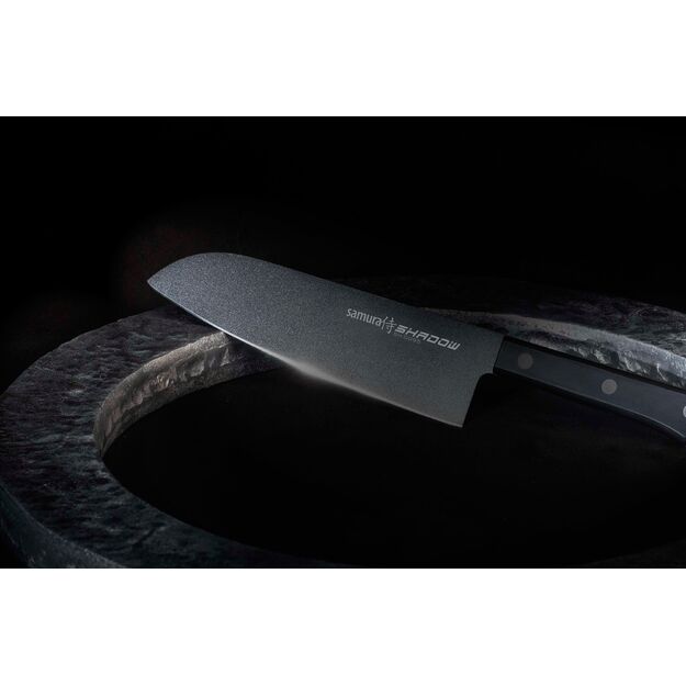 Samura SHADOW Santoku virtuvinis peilis 175 mm – juodas nelipnus paviršius, profesionalus, ilgaamžis pjovimas 