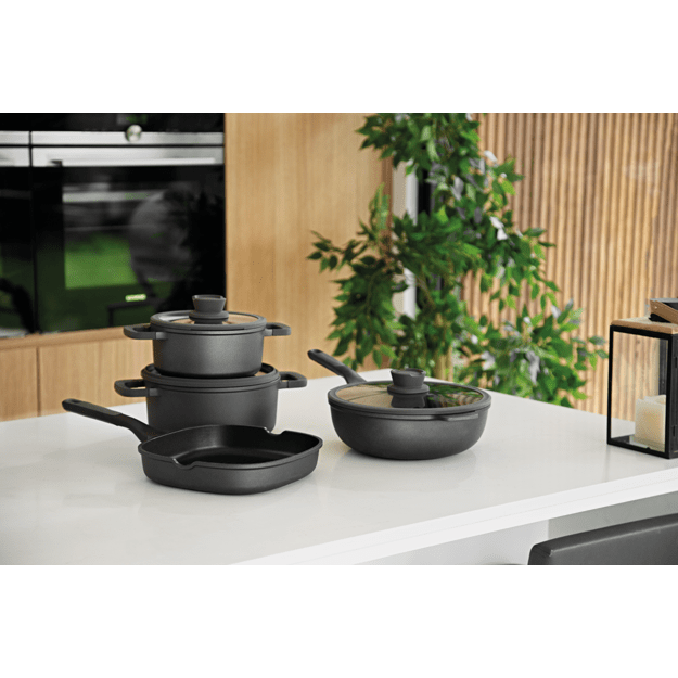 BergHOFF Stone+ 24 cm stiklinis dangtis - integruota garų anga ir nupylimo skylutė, silikoninis kra&scaron;tas ir vėsi rankena 