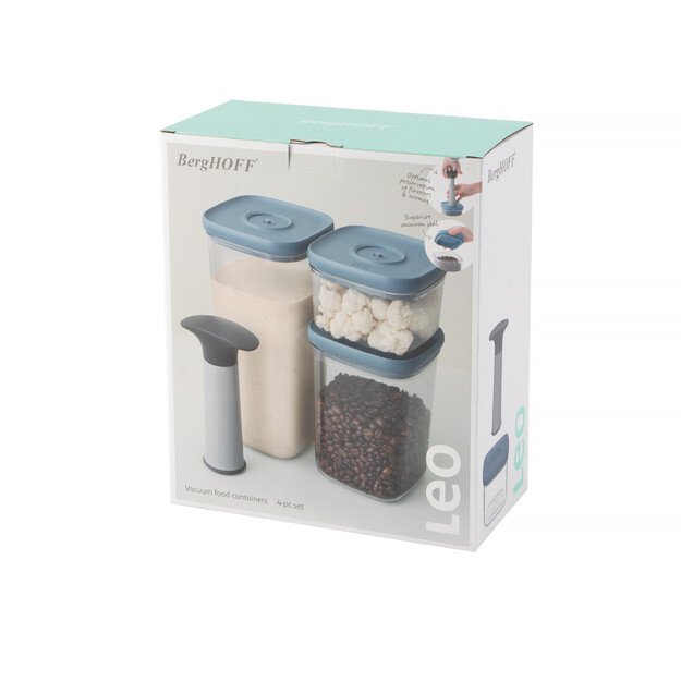 BergHOFF 4 dalių vakuuminių maisto dėžučių rinkinys - sandarios, sukraunamos, su pompa &scaron;viežumui i&scaron;laikyti 