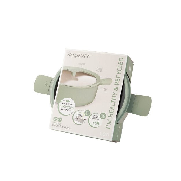 BergHOFF 28 cm puodas su dangčiu - Balance Sage nepridegantis aliuminio puodas su šaukšto laikikliu ir stiklo dangčiu 